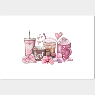 Coffee Valentine, Valentines Day, Hand Drawn, Valentine, Coffee Lover, Pink Coffee cups Posters and Art